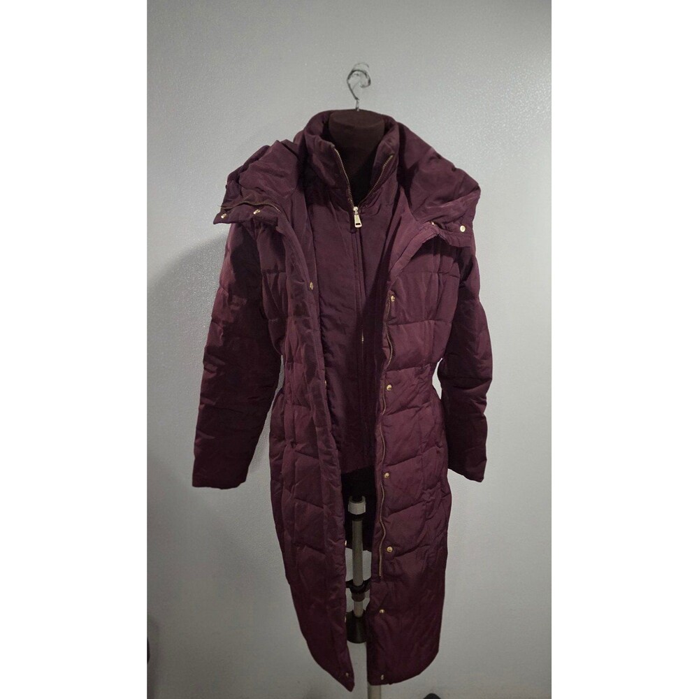 COLE HAAN Womens Merlot Taffeta Hooded Down Puffer Coat Elastic Waist Size S